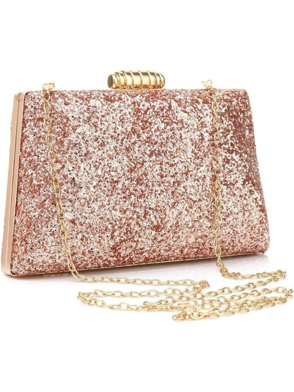 Women's Rose Gold Glitter Clutch Purse Chain Strap Party Shoulder Handbag